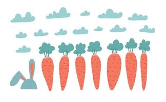 Set of carrots - roots vegetables growing in the ground. Rabbit ears, clouds and carrot. Cartoon vector flat hand drawn illustration.