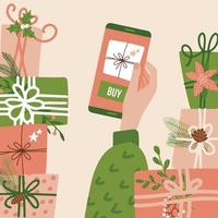 Online store app for Christmas and New Year time. Woman s hand holding phone with the buy button on the screen. Flat vector illustration with gift boxes stacks.