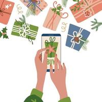 Concept of Ordering christmas gifts online - female hands holding mobile phone device with add to cart button and many flying wrapped present boxes. Online shopping. Flat vector illustration.