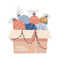 Cardboard box overflowing with Christmas decorations with an baubles, Christmas tree balls, ornaments and string of lights with lettering text - Merry Christmas. Flat vector illustration.