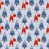 Christmass seamless pattern with cartoon Santa Claus walking with sack of gifts on snowy blue background with fir trees. Vector flat hand drawn illustration.