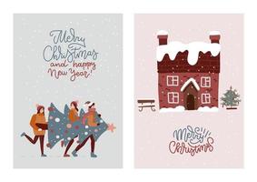 Set of Merry Christmas greeting Cards with cute scandinavian house and friends holding xmas tree. Template for new year, gift tag, calendar, planner, invitations, posters. Flat vector illustration.