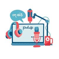On air sign podcast concept. Record studio devices - headphones, microphone, headset, laptop. Media and entertainment. News, radio and television broadcasting elements. Flat vector illustration.