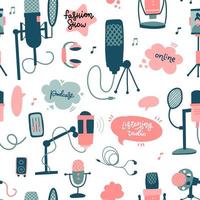 Podcast flat hand drawn doodle elements seamless pattern. Mic with speach bubble. Vector illustration.