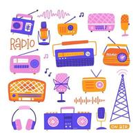 Vintage set with radio, microphone, headphones, radio tower, tape recorder elements in bright trendy flat style. Vector hand drawn illustration.