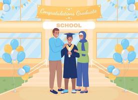 High school graduate and parents flat color vector illustration