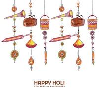 Happy holi on hanging holi elements card design vector