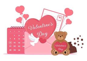 Happy Valentine's Day Flat Design Illustration Which is Commemorated on February 17 with Teddy Bear, Chocolate and Gift for Love Greeting Card vector