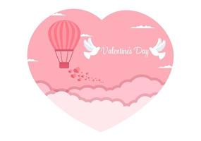 Happy Valentine's Day Flat Design Illustration Which is Commemorated on February 17 with Teddy Bear, Air Balloon and Gift for Love Greeting Card vector