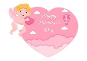 feliz día de san valentín ilustración de diseño plano que se conmemora el 17 de febrero con lindo cupido, ángeles en las nubes para la tarjeta de felicitación de amor vector