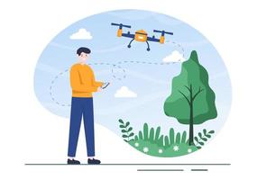 dron con control remoto de cámara impulsado volando para tomar fotografías y grabar videos en una ilustración de fondo de caricatura plana vector