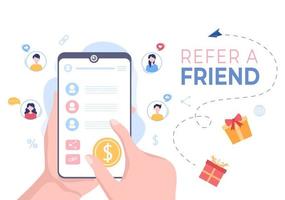 Refer a Friend Flat Design Illustration with Megaphone on Screen Mobile Phone and Social Media Marketing for Friends via Banner, Background or Poster vector