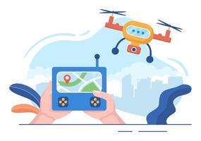 Drone with Camera Remote Control Driven Flying Over to Taking Photography and Video Recording in Flat Cartoon Background illustration vector