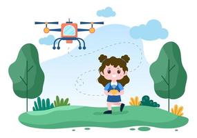 Drone with Camera Remote Control Driven Flying Over to Taking Photography and Video Recording in Flat Cartoon Background illustration vector