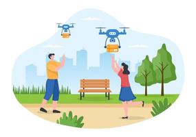 el servicio de entrega utiliza la ilustración de vector de fondo de drones. cajas de distribución de empleados utilizando un dispositivo de tecnología moderna para el envío de paquetes