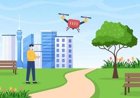 Drone with Camera Remote Control Driven Flying Over to Taking Photography and Video Recording in Flat Cartoon Background illustration vector