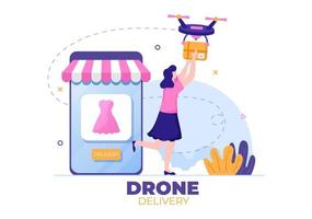 el servicio de entrega utiliza la ilustración de vector de fondo de drones. cajas de distribución de empleados utilizando un dispositivo de tecnología moderna para el envío de paquetes