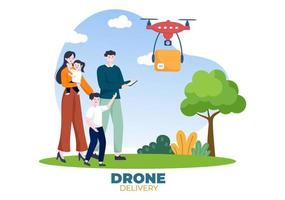 el servicio de entrega utiliza la ilustración de vector de fondo de drones. cajas de distribución de empleados utilizando un dispositivo de tecnología moderna para el envío de paquetes