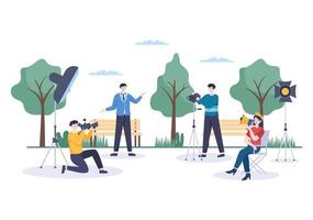 Movie Studio with Camera Crew Team People, Directur, lights, Microphone on Scene Shooting Location for Making Film in Flat Design Background Illustration vector