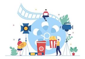 estudio de cine con equipo de camarógrafos, director, luces, micrófono en el lugar de filmación de la escena para hacer una película en una ilustración de fondo de diseño plano vector