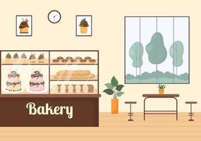 Bakery Shop Building That Sells Various Types of Bread such as White Bread, Pastry and Others All Baked in Flat Background for Poster Illustration vector