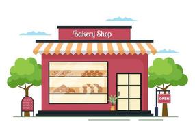 Bakery Shop Building That Sells Various Types of Bread such as White Bread, Pastry and Others All Baked in Flat Background for Poster Illustration vector