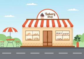 Bakery Shop Building That Sells Various Types of Bread such as White Bread, Pastry and Others All Baked in Flat Background for Poster Illustration vector
