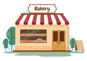 Bakery Shop Building That Sells Various Types of Bread such as White Bread, Pastry and Others All Baked in Flat Background for Poster Illustration vector