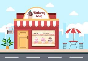 Bakery Shop Building That Sells Various Types of Bread such as White Bread, Pastry and Others All Baked in Flat Background for Poster Illustration vector