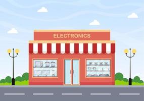 Electronics Store Building that Sells Computers, TV, Cellphones and Buying Home Appliance Product in Flat Background Illustration for Poster or Banner vector