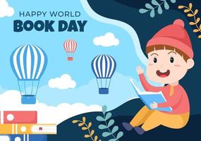 ilustración de fondo de dibujos animados plana del día mundial del libro con niños. pila de libros para leer, aumentar la comprensión y el conocimiento adecuado para papel tapiz o afiche vector