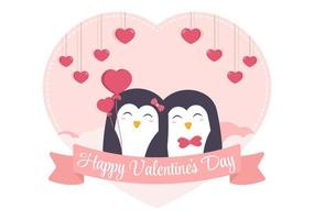 Cute Couple Animal Penguin Happy Valentine's Day Flat Design Illustration Which is Commemorated on February 17 for Love Greeting Card vector