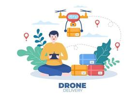 el servicio de entrega utiliza la ilustración de vector de fondo de drones. cajas de distribución de empleados utilizando un dispositivo de tecnología moderna para el envío de paquetes