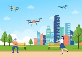 Drone with Camera Remote Control Driven Flying Over to Taking Photography and Video Recording in Flat Cartoon Background illustration vector