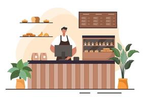 Bakery Shop Building That Sells Various Types of Bread such as White Bread, Pastry and Others All Baked in Flat Background for Poster Illustration vector