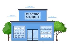 edificio de tiendas de electrónica que vende computadoras, televisión, teléfonos celulares y compra productos de electrodomésticos en una ilustración de fondo plano para afiches o pancartas vector