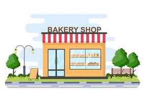 Bakery Shop Building That Sells Various Types of Bread such as White Bread, Pastry and Others All Baked in Flat Background for Poster Illustration vector