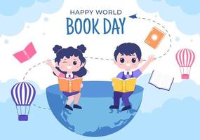 ilustración de fondo de dibujos animados plana del día mundial del libro con niños. pila de libros para leer, aumentar la comprensión y el conocimiento adecuado para papel tapiz o afiche vector