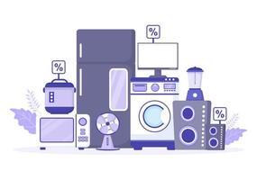 tienda de electrónica que vende computadoras, televisión, teléfonos celulares y compra productos de electrodomésticos en una ilustración de fondo plano para afiches o pancartas vector