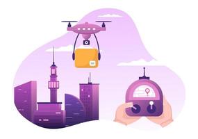 Delivery Service use Drone Background Vector Illustration. Employee Distributing Boxes using Modern Technology Device for Shipping Parcel Package