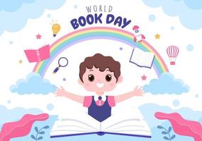 ilustración de fondo de dibujos animados plana del día mundial del libro con niños. pila de libros para leer, aumentar la comprensión y el conocimiento adecuado para papel tapiz o afiche vector