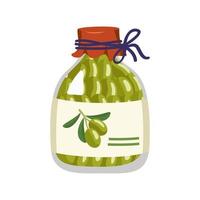 Green olives in closed glass jar. Ready made traditional Greek food, delicious appetizer. Vector flat illustration