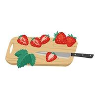 Fresh red strawberries on wooden cutting board with knife. Sweet healthy food, delicious dessert or snack. Vector flat illustration