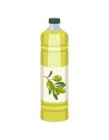 Bottle of olive oil. Plastic transparent packaging with yellow liquid. Source of vitamins, salad dressing. Vector flat illustration
