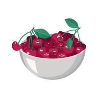 Cherry red berry in metal bowl. Sweet tasty food and snack. Natural product suitable for vegetarians. A source of vitamins and allergies. Vector flat illustration