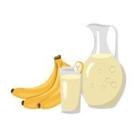 Jug and glass of yellow banana juice or drink. Sweet delicious food and beverage from tropical exotic fruit. Vector flat illustration