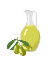 Jug of oil and branch of olives with leaves. Glass transparent container with yellow liquid. Source of vitamins, salad dressing. Vector flat illustration