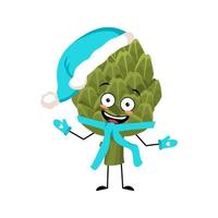 personaje de alcachofa con sombrero de santa con emoción feliz, cara alegre, ojos sonrientes, brazos y piernas. persona con expresión feliz, emoticono vegetal verde. ilustración plana vectorial vector