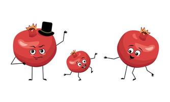 Family of pomegranate fruit characters with happy emotions, smile face, happy eyes, arms and legs. Mom is happy, dad is wearing hat and child is dancing. Vector flat illustration