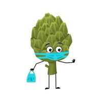 Artichoke character with sad emotions, face and mask keep distance, hands with shopping bag and stop gesture. Person with care expression, green vegetable emoticon. Vector flat illustration